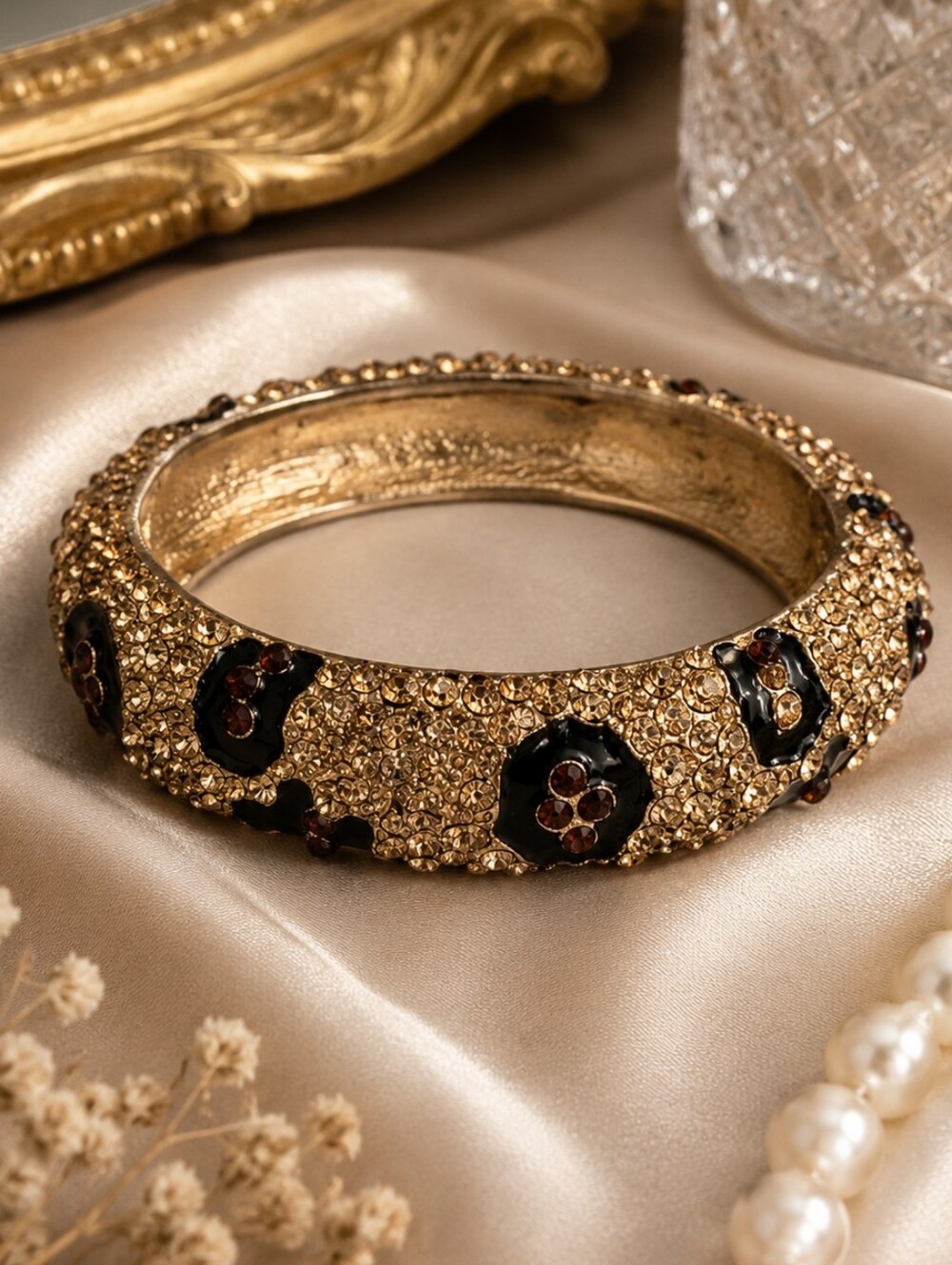 Vintage Rhinestone & Enamel Hinged Bangle Bracelet Gold Tone